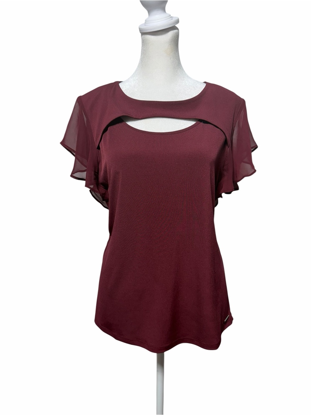 Calvin Klein Flutter Sleeve Cutout Top Burgundy Wine Chiffon L